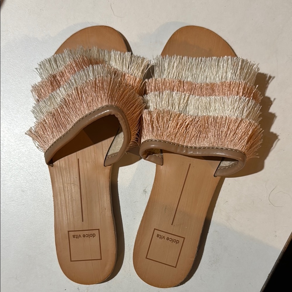 Dolce Vita Tan and Cream Fringe Sandals